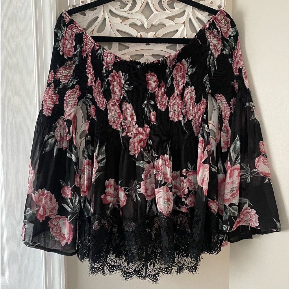 Charlotte Russe Floral Lace VTG Baby Doll Bell Sleeve Blouse Top Y2K Fairycore L